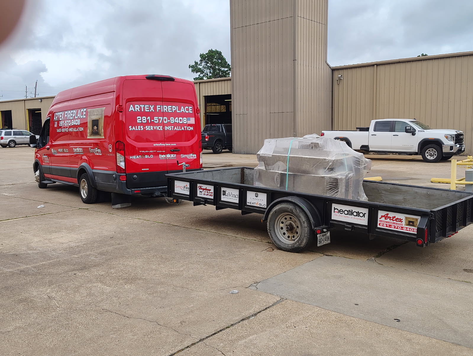 Artex Masonry & Fireplace service van and trailer loaded in Houston, TX