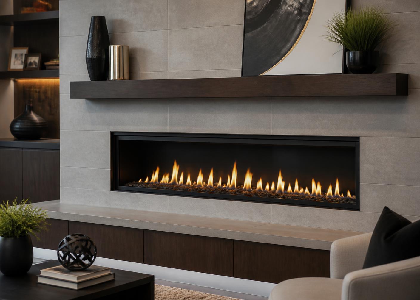 Modern direct vent gas fireplace with tile surround