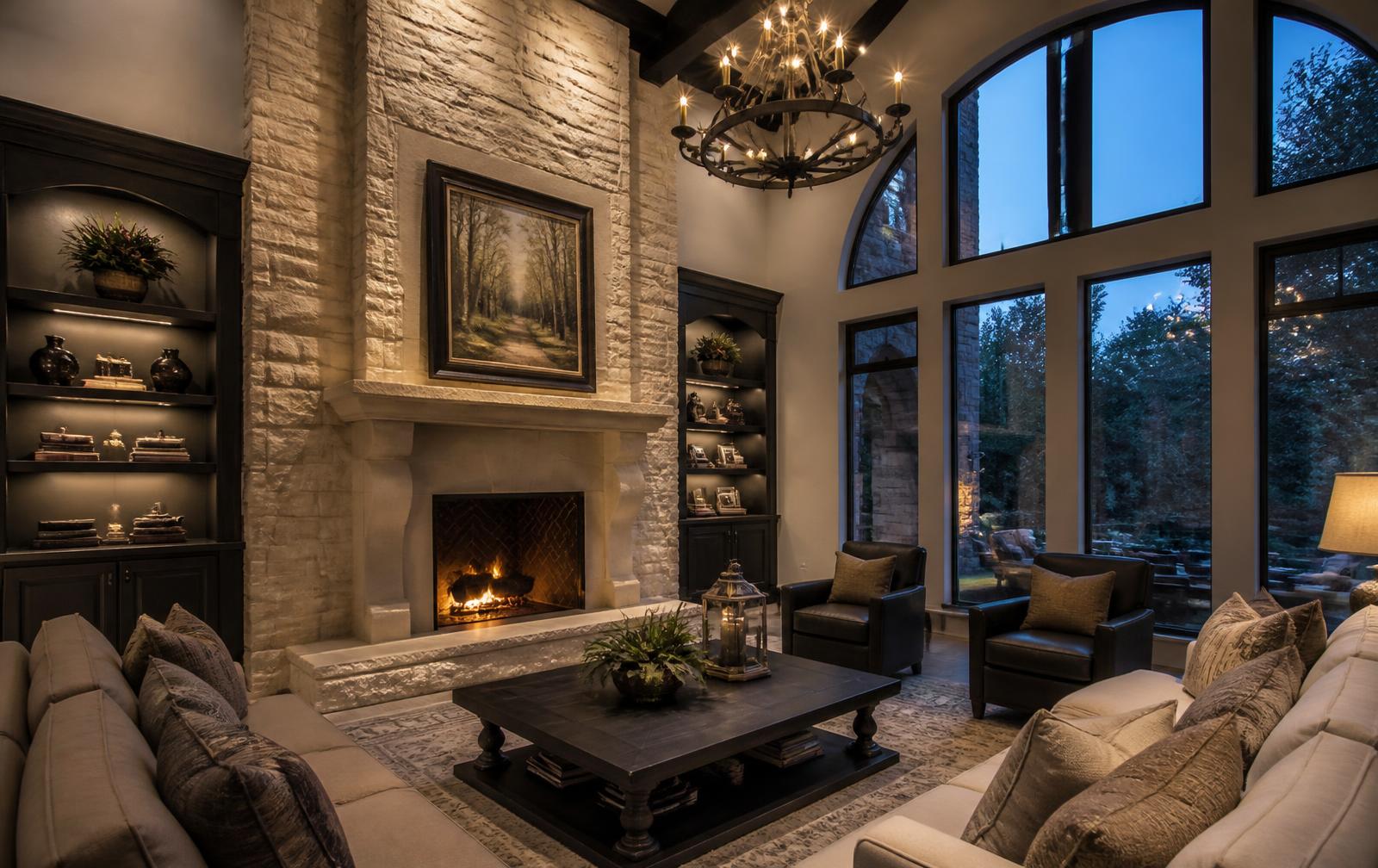 Custom stone masonry fireplace built by Artex in a Houston living room