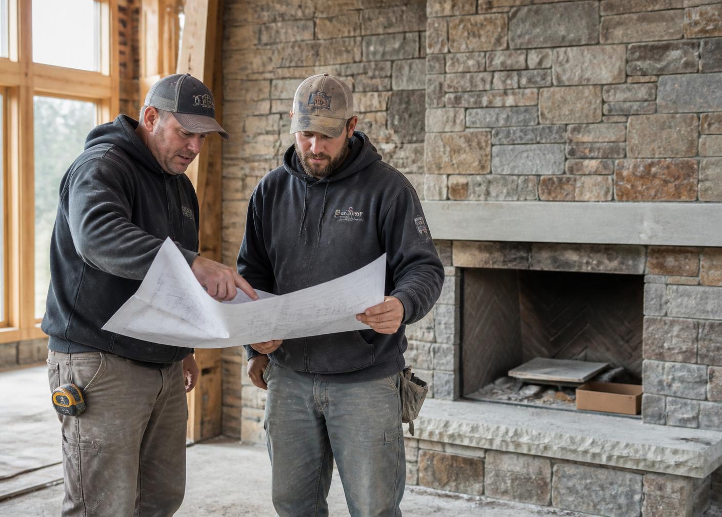 Artex masons reviewing plans in front of a stone fireplace under construction