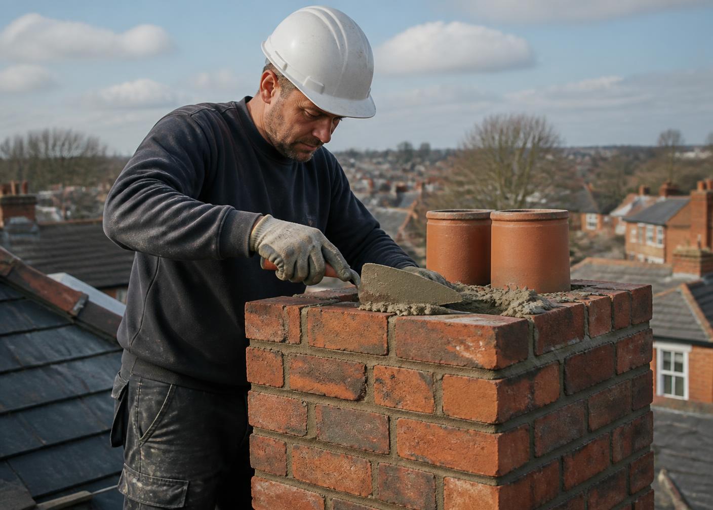 Mason rebuilding a brick chimney in Houston